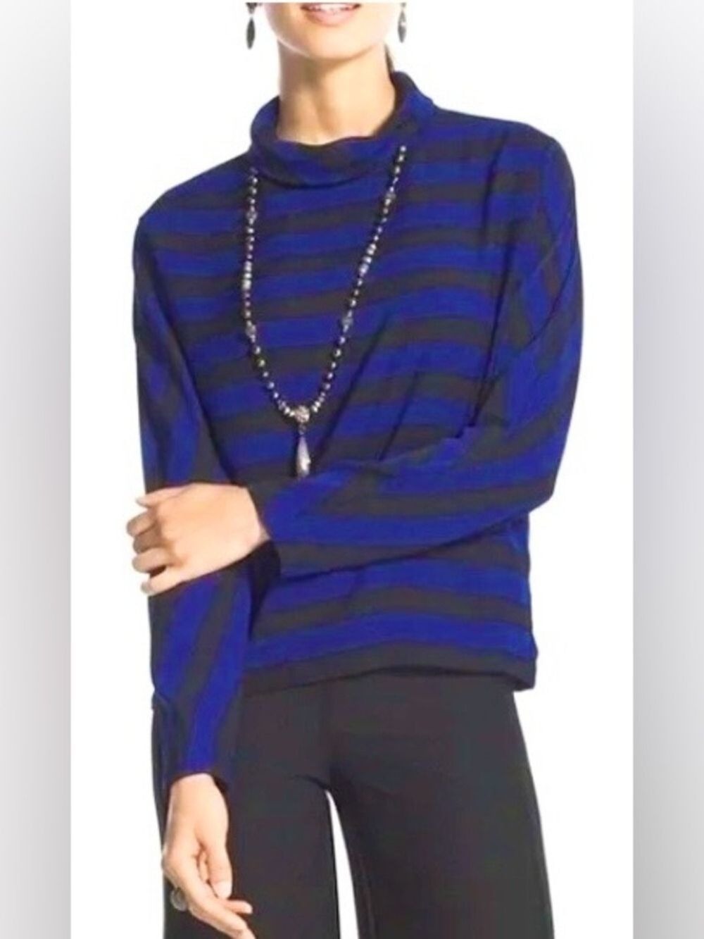 New Chico’s Black Label Miter Stripe Boxy Dolman Top Black Blue size small